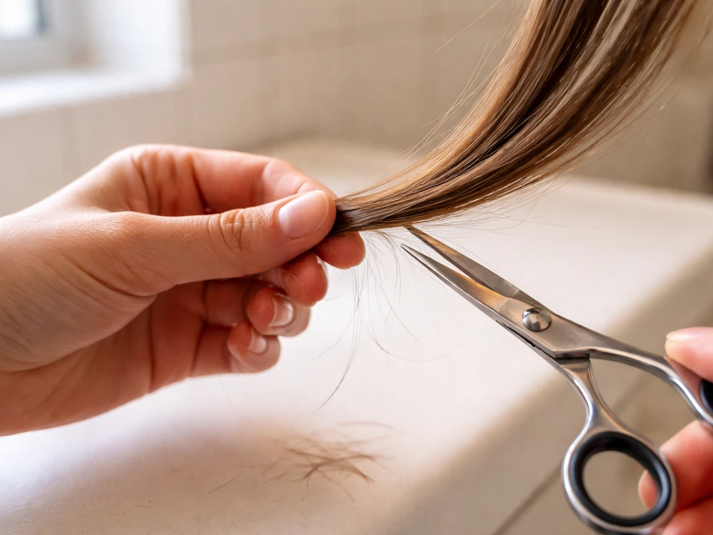 Close-up of hair-cutting shears making a small trim at the ends to avoid losing length.