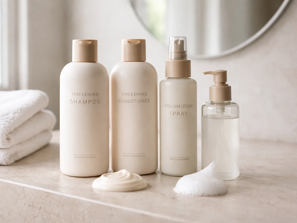 Hair thickening shampoos and conditioners with foamy texture on a bathroom counter