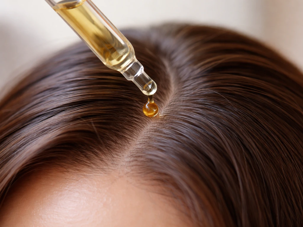 Close-up of a dropper applying scalp serum to parted hair on the scalp