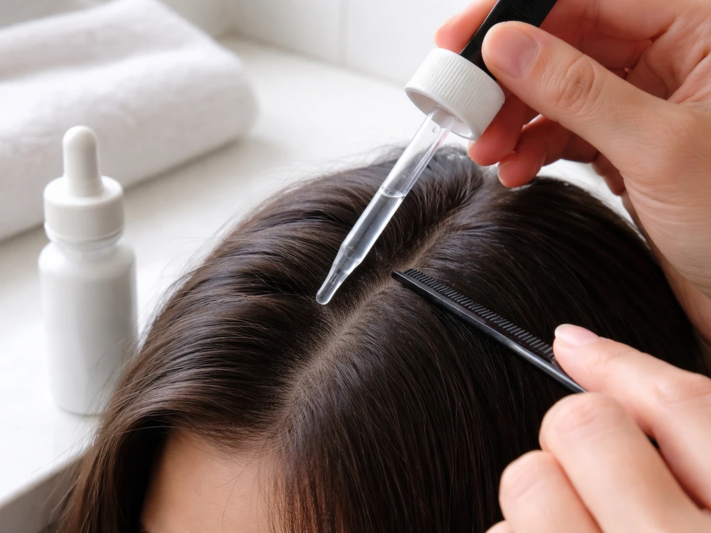 Close-up of a minoxidil applicator near parted dry scalp with a hair parting tool beside it