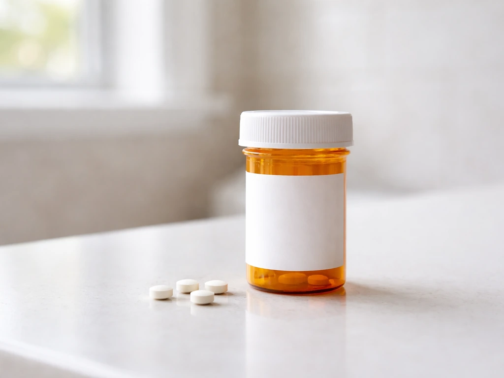Amber prescription pill bottle with a few round tablets on a bathroom counter in natural light.
