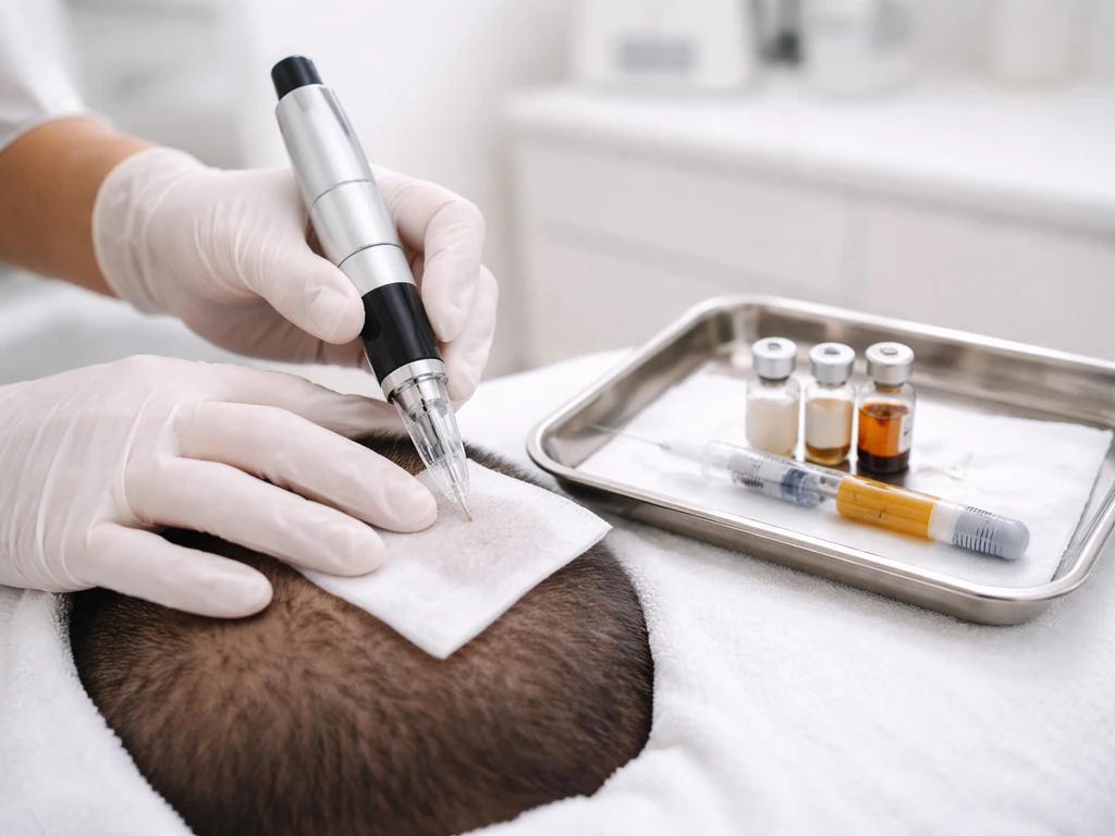 Close-up of a dermatologist preparing a microneedling device and PRP supplies on a clean treatment tray