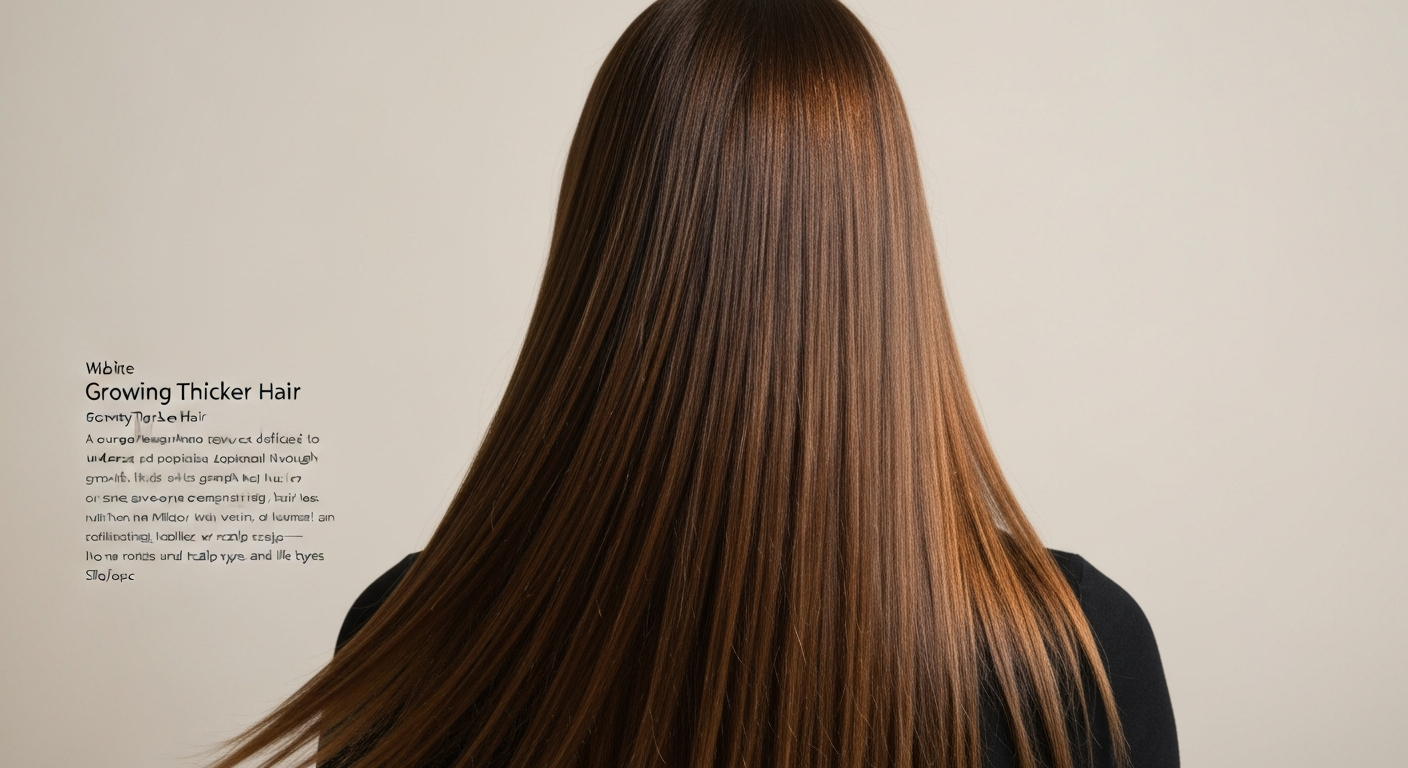 Back view of a person with long, glossy, healthy hair cascading mid-back, photographed in soft warm light to emphasize shine and smooth texture.