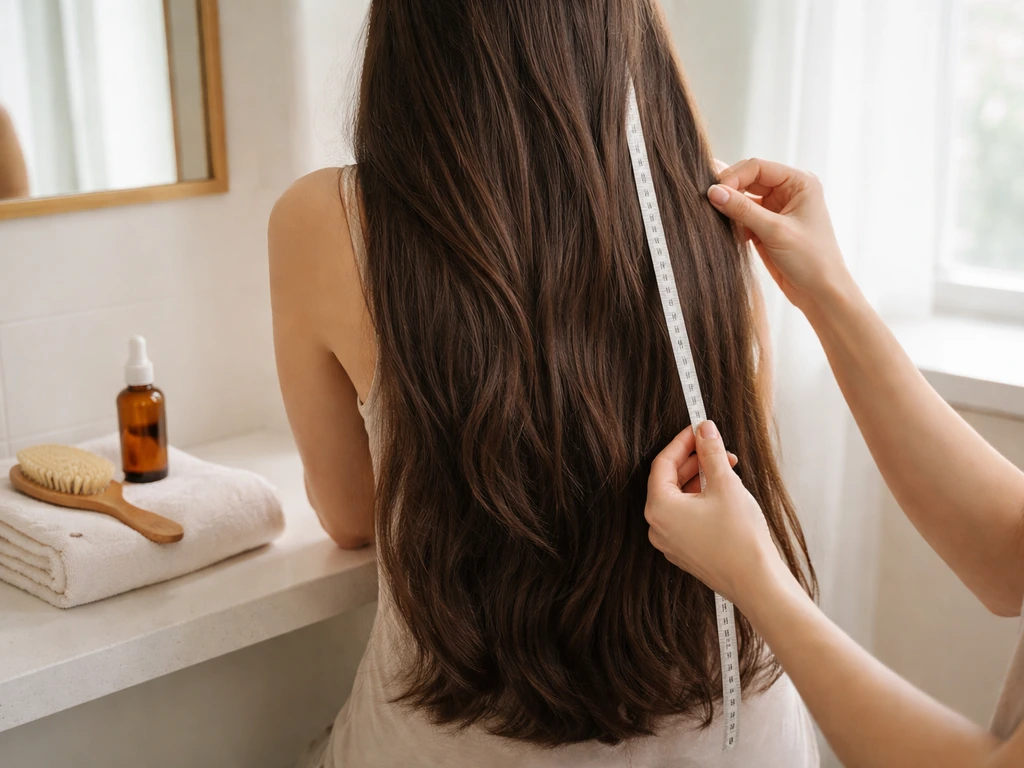 Anonymous person with very long healthy hair holding a measuring tape next to simple scalp-care items in a bathroom.