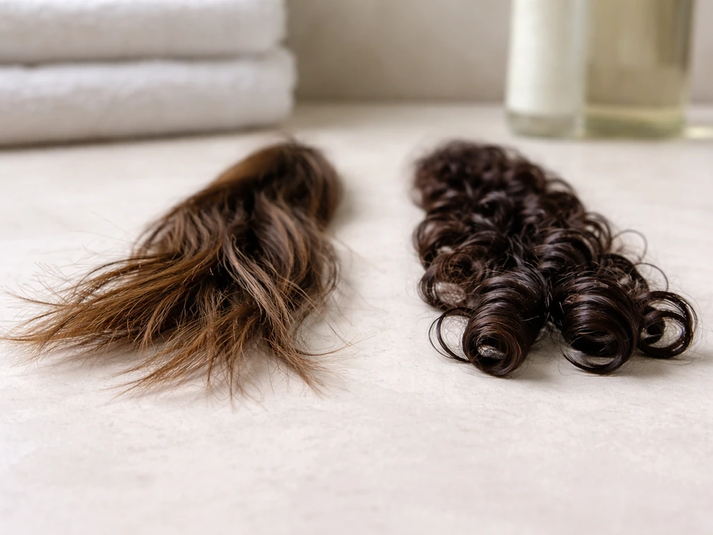 Close-up of hair ends showing frayed and smooth sections for an honest starting point assessment.