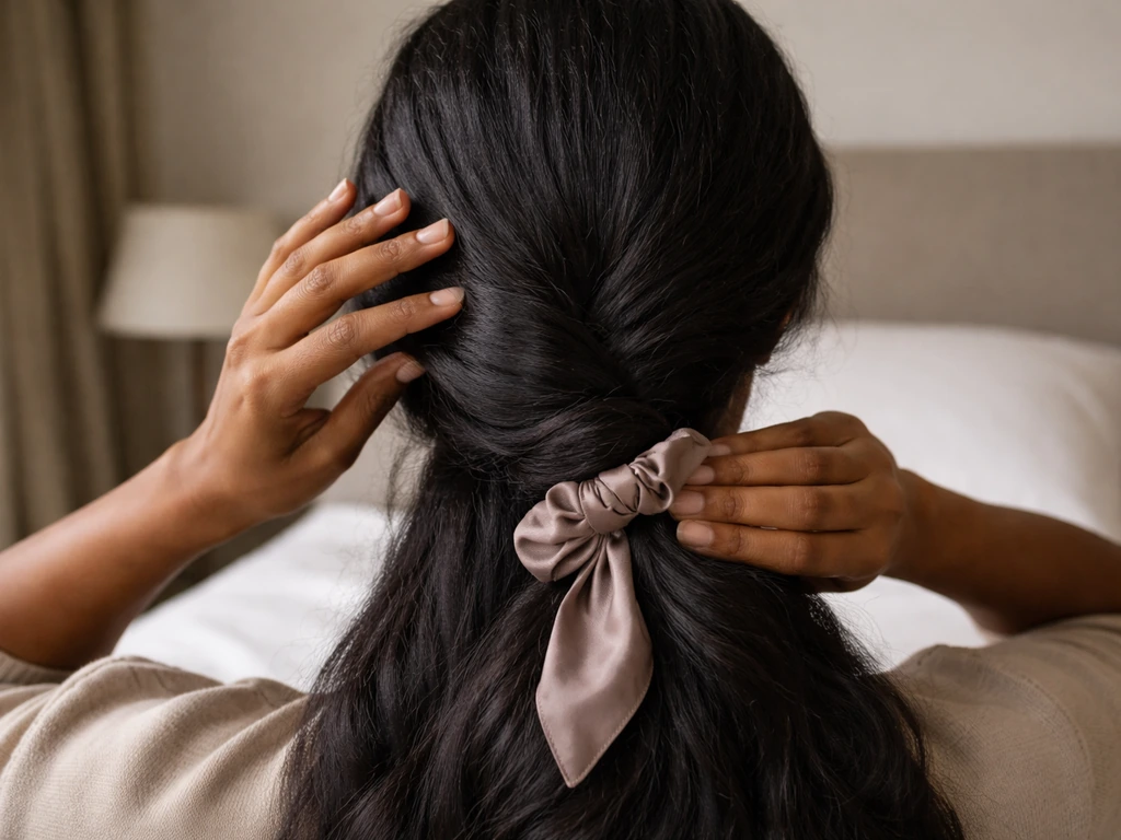 Anonymous hands detangle long natural hair and secure it into a low loose satin-protective style.