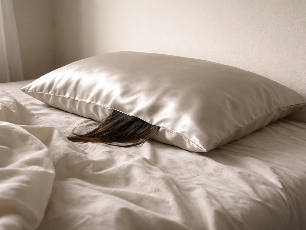 Silk-satin pillowcase on a bed with hair tucked under to prevent tangles and friction.