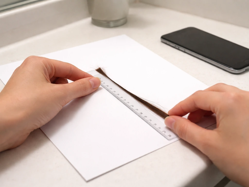 Close-up hands measuring a hair strand with a ruler beside a smartphone baseline setup on a clean counter.
