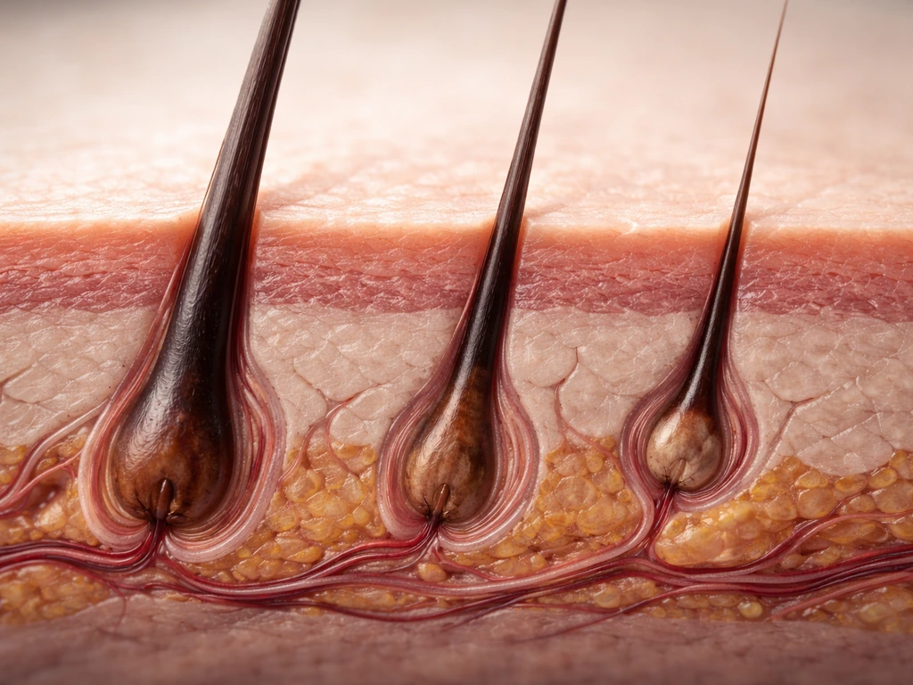 Macro cross-section of a scalp showing hair follicles at active, transition, and resting stages.