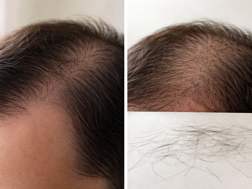 Split-screen close-up: temple-pattern thinning vs evenly diffuse shedding with loose hairs visible.