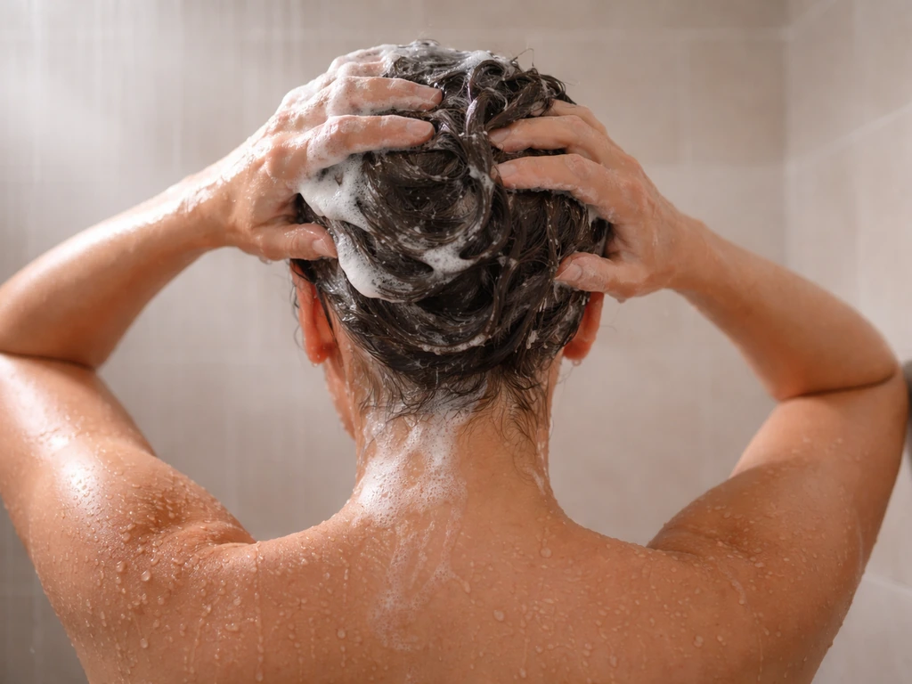 Person in a shower gently massaging and cleansing their scalp with shampoo.