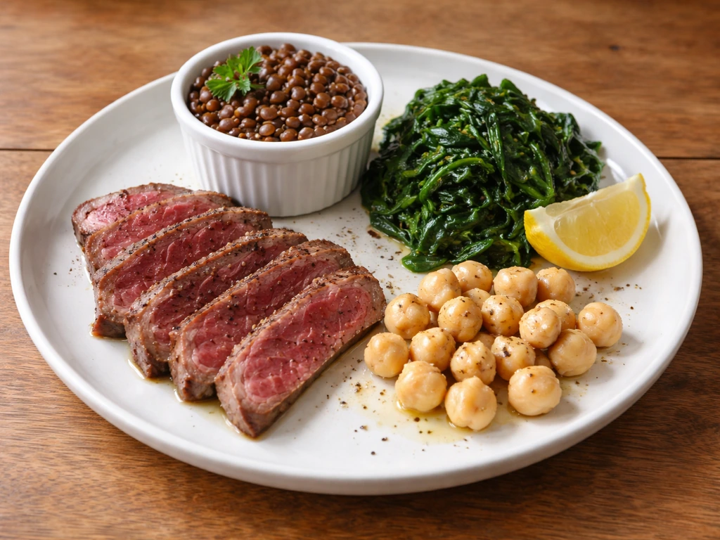 Minimal plate of iron-rich foods: red meat, lentils, spinach, and chickpeas on a wooden table.