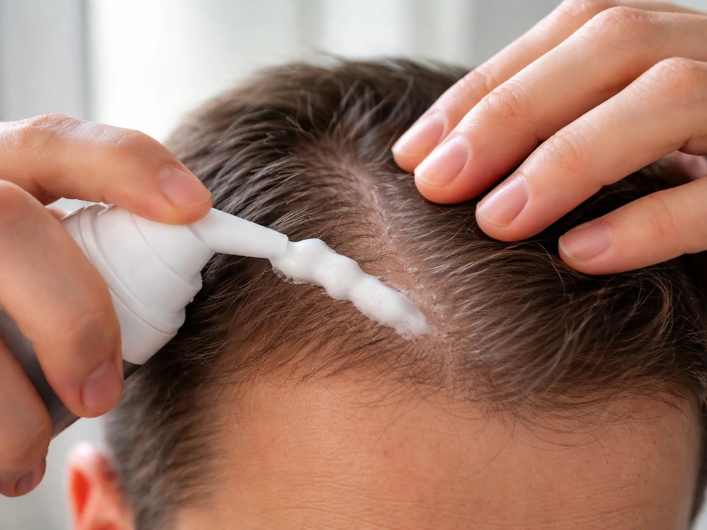 Close-up of hands dispensing and spreading minoxidil foam on a thinning scalp area in a bathroom.