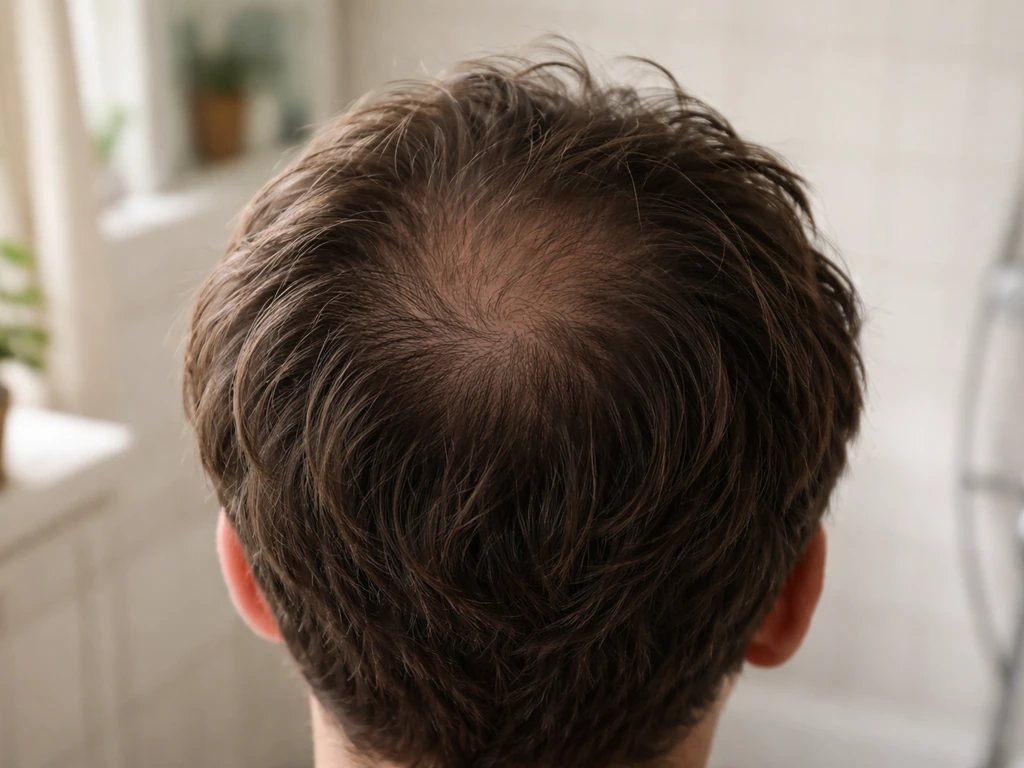 Close-up of the crown scalp showing subtle thinning hair pattern, suggesting regrowth focus.