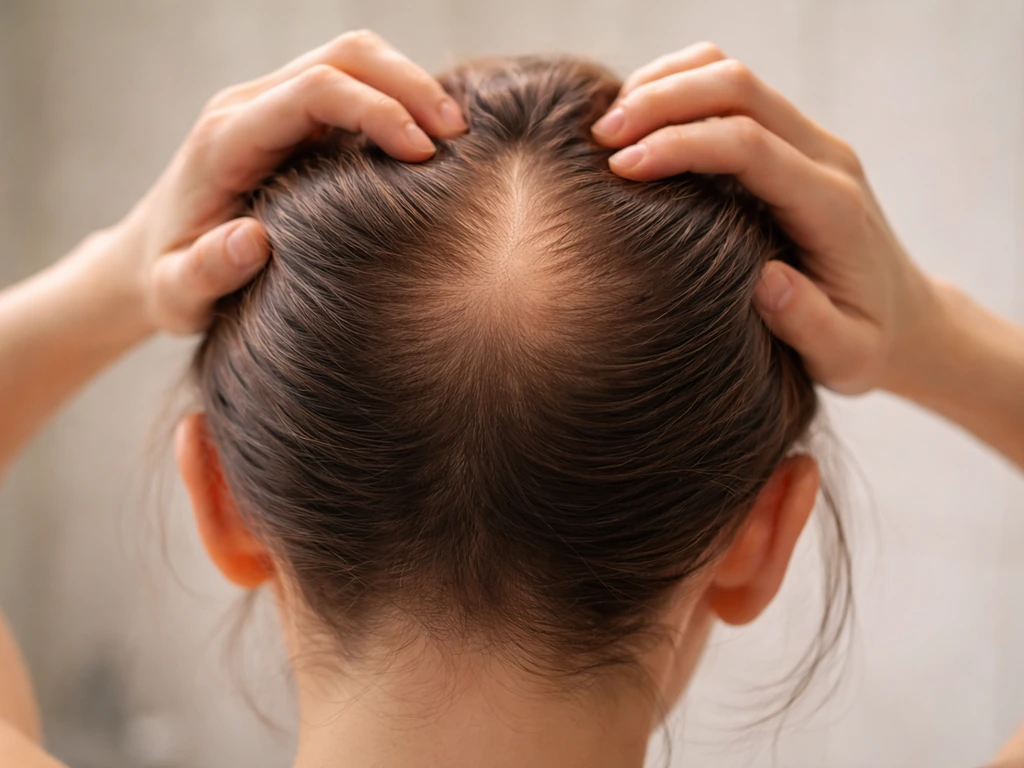 Realistic photo showing a person’s crown scalp area with subtle follicle sensitivity concept via lighting only