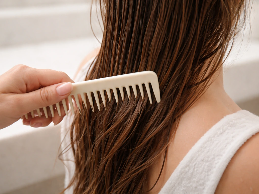 Close-up of a wide-tooth comb gently gliding through damp hair, minimal scalp care scene