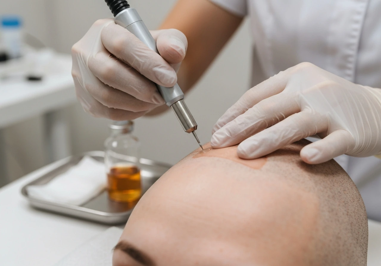 Gloved hand using a microneedling device on a shaved scalp with PRP vial and sterile tray nearby.