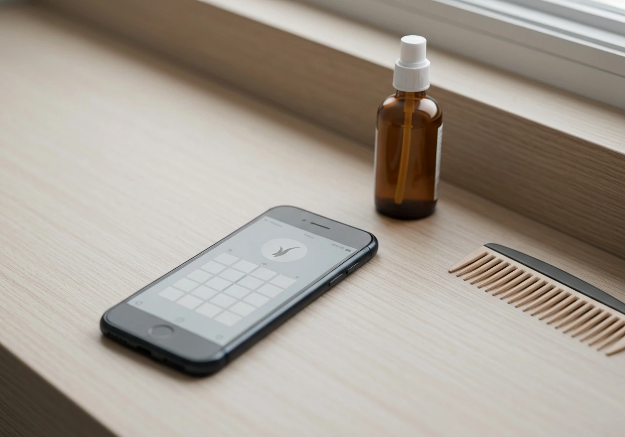 Minimal home workspace with a smartphone showing a generic hair-care calendar timeline icon (no text).