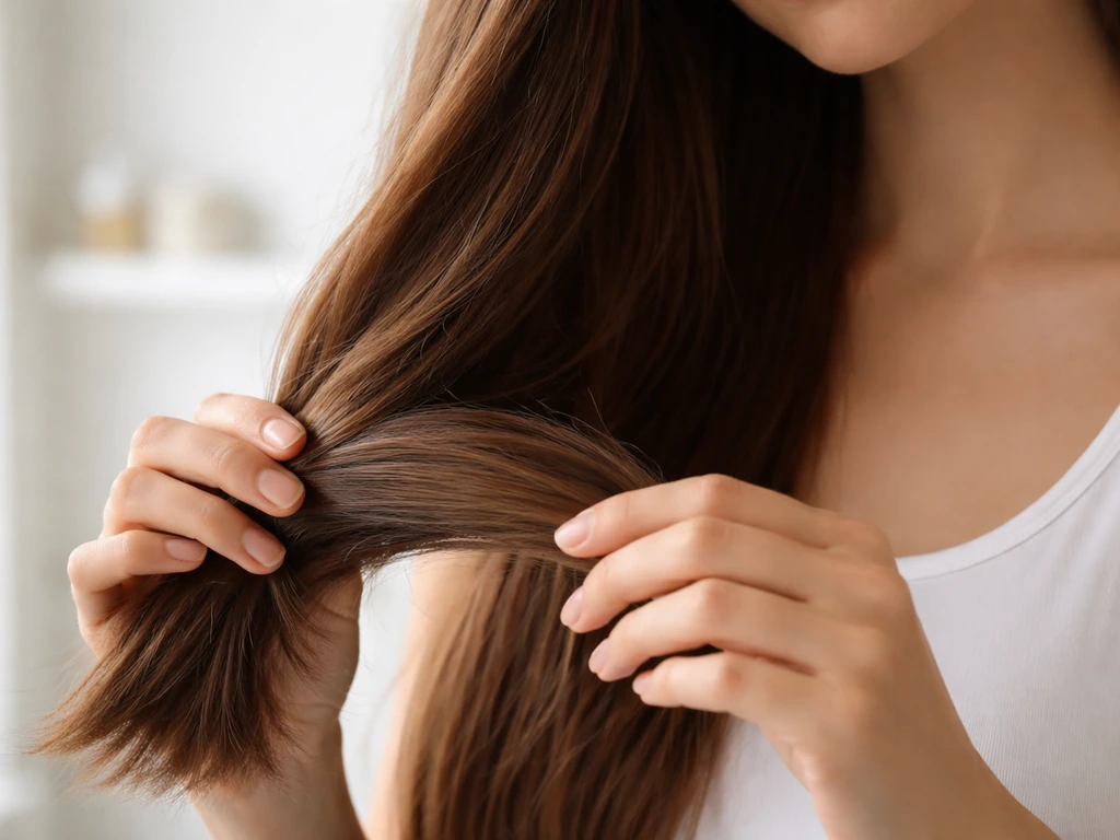 Close-up of a person holding their smooth, thick-looking hair strands in natural light