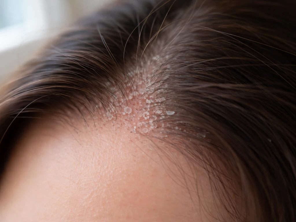 Close-up of an irritated, flaky scalp patch with mild redness and dry scales, non-graphic.