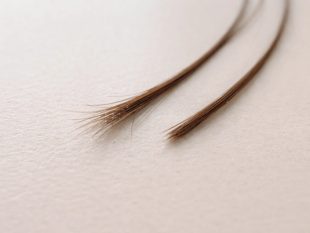 Close-up of damaged hair strand with split ends beside a smoother, less damaged strand.