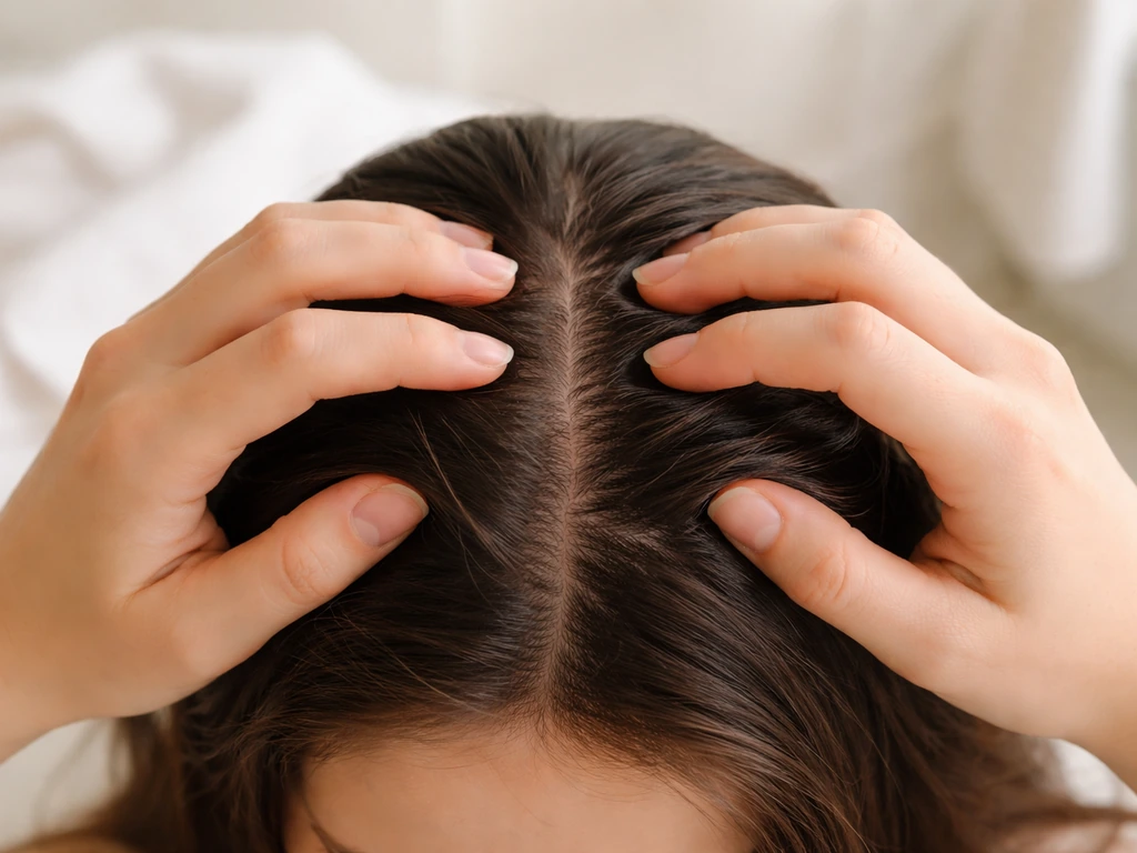 Top-down view of hands gently massaging a scalp with small circular fingertip strokes.