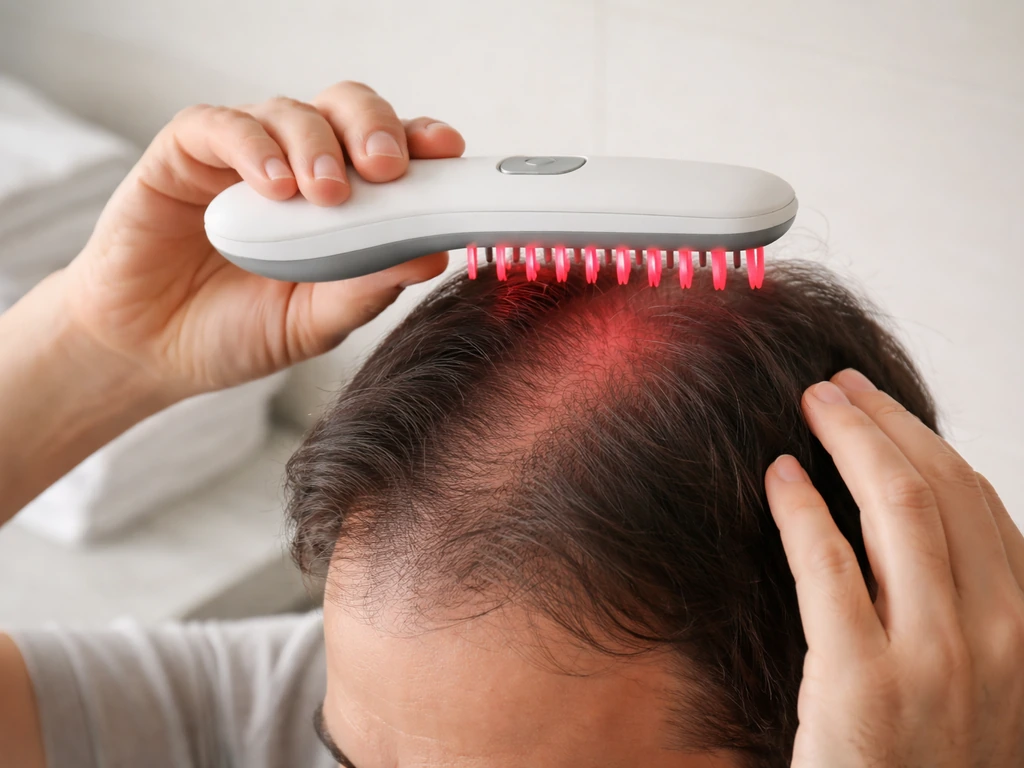 Hands position an at-home laser comb above the scalp in a clean bathroom setting.