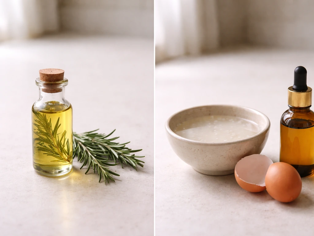 Minimal tabletop scene comparing rosemary oil with rice water, egg and castor oil for hair remedies