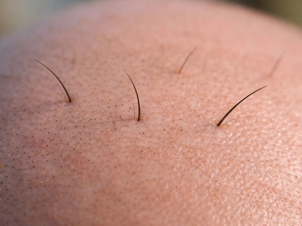 Close-up of a shaved scalp showing hair follicles angled outward as strands grow up and lift.