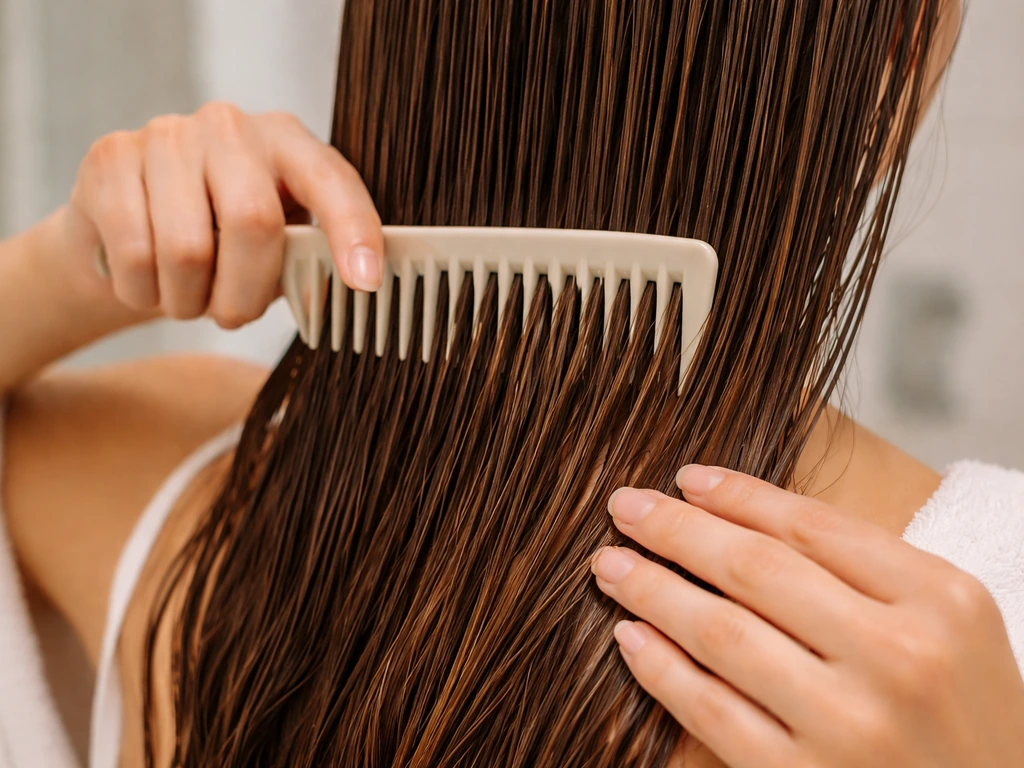 Wide-tooth comb brushing damp, moisturized hair downward so the strands lay smoothly