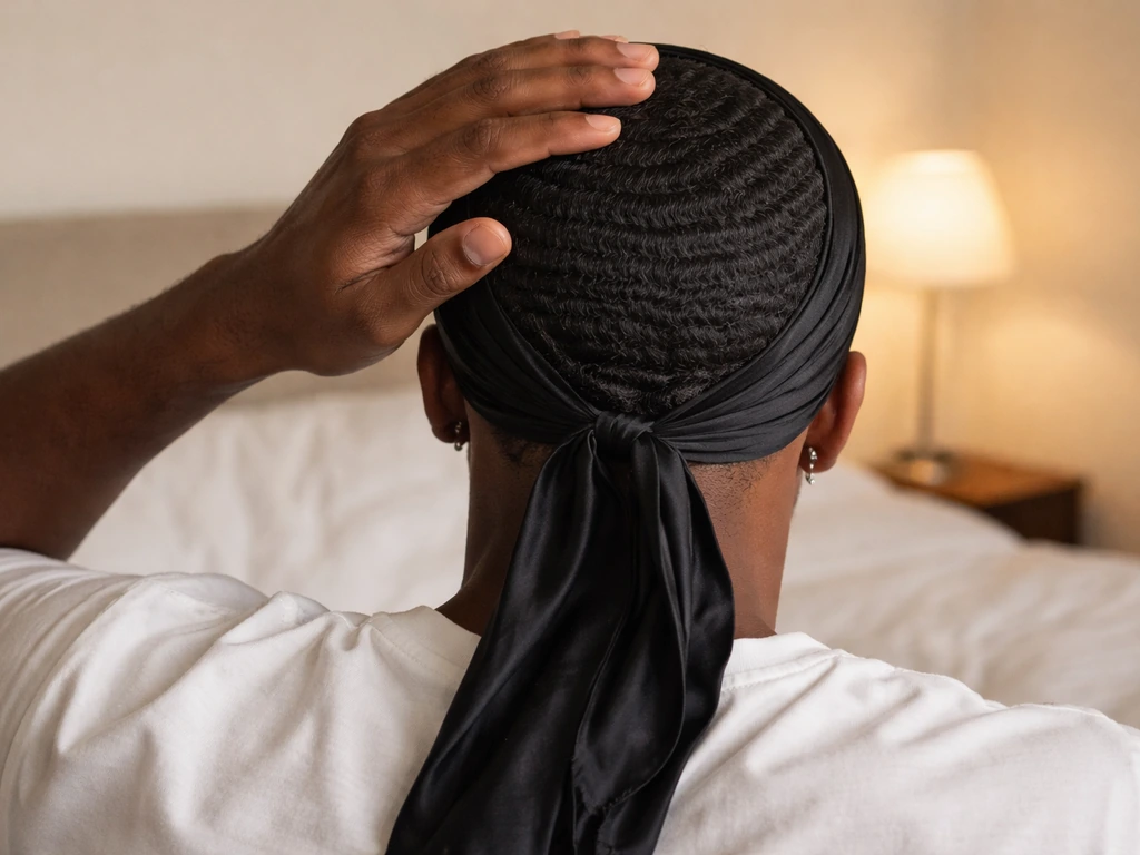 Person wearing a satin durag/wave cap at home, hair brushed smooth and aligned downward.