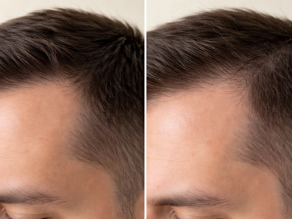 Close-up split comparison of temple hair—denser on one side, visibly thinning on the other.