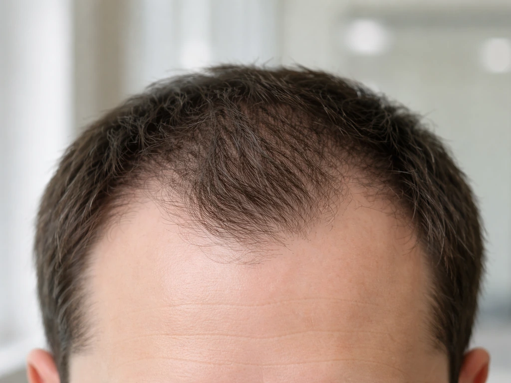Minimal photo of a generic male hairline showing an M-shaped temple recession with thinning hairline.
