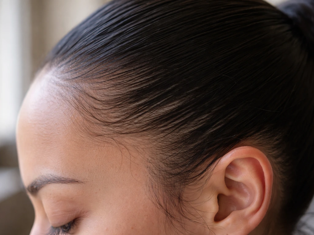 Close-up of a person’s hairline at the temples with a tight pulled-back hairstyle showing tension