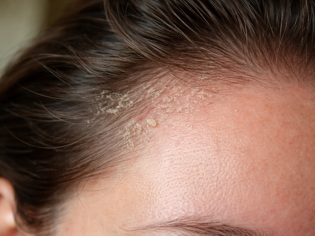 Close-up scalp showing oily flakes and mild redness near the temples and hairline.
