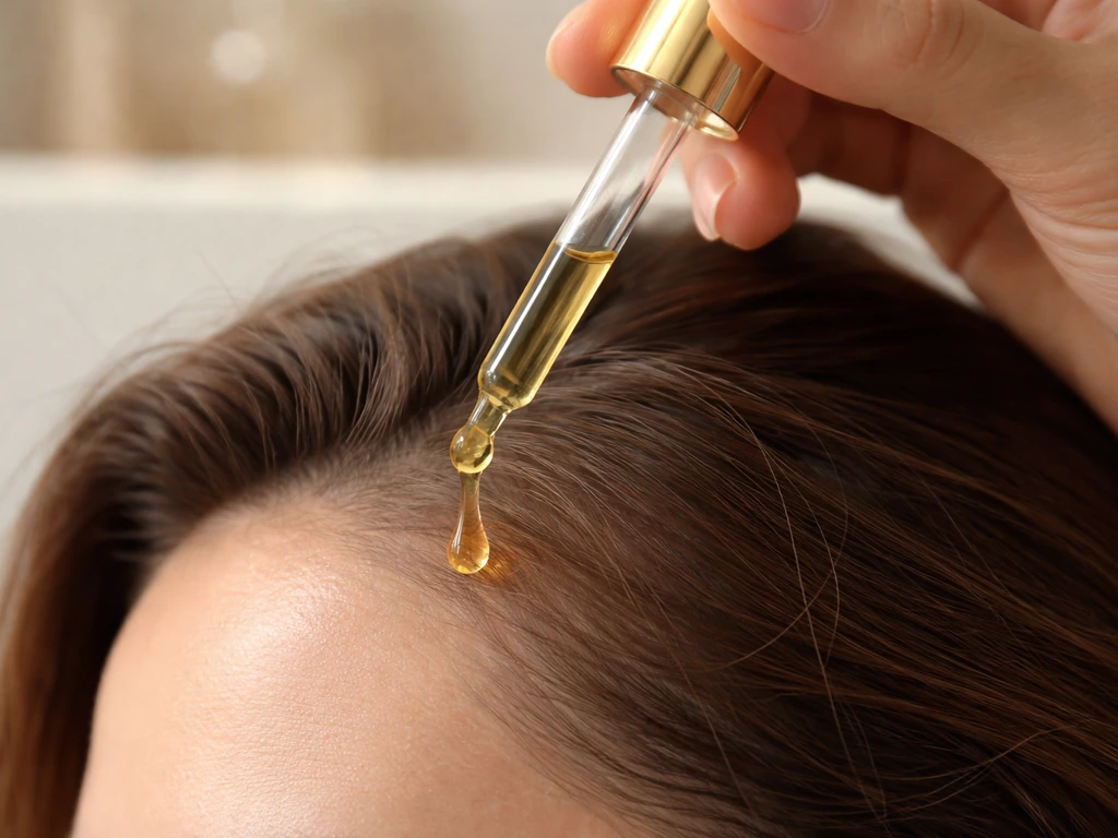 Rosemary oil drops applied to the scalp temples using a dropper, with clean hands and minimal setting