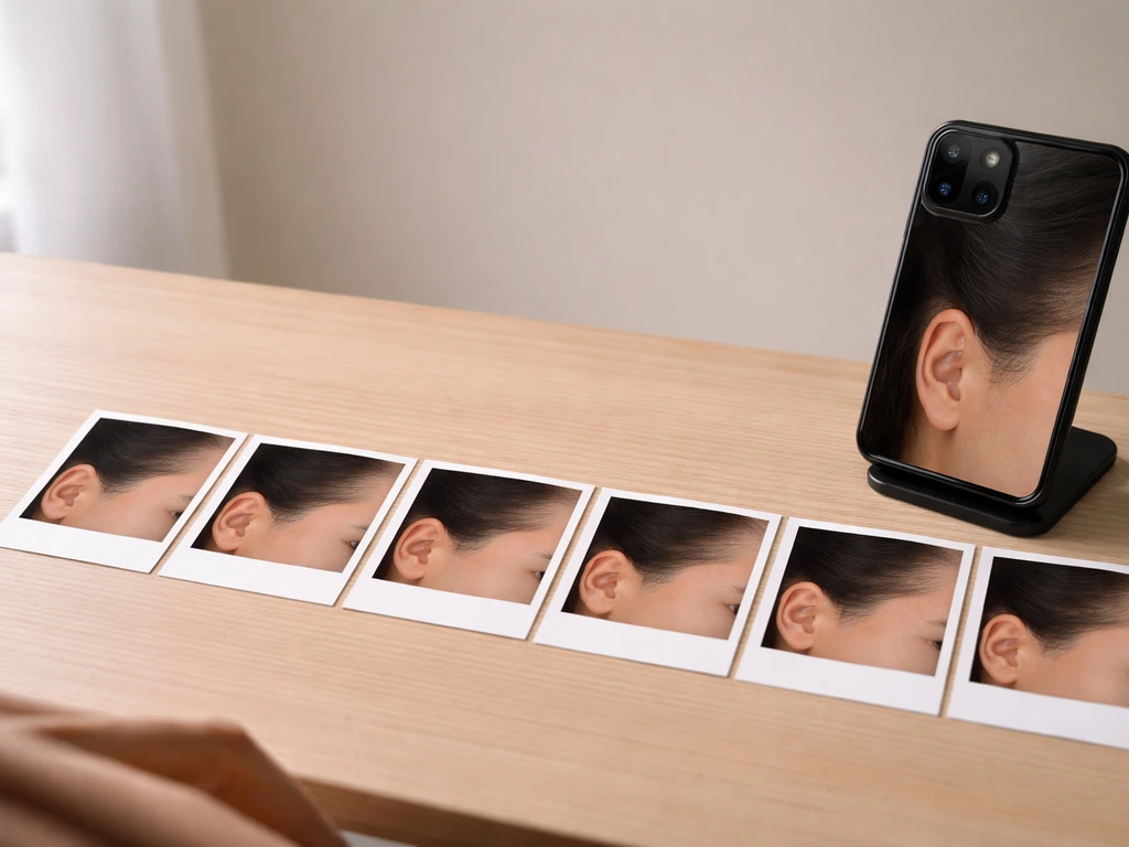 Minimal desk setup with temple hair tracking photos arranged as a before-to-after timeline under natural light.
