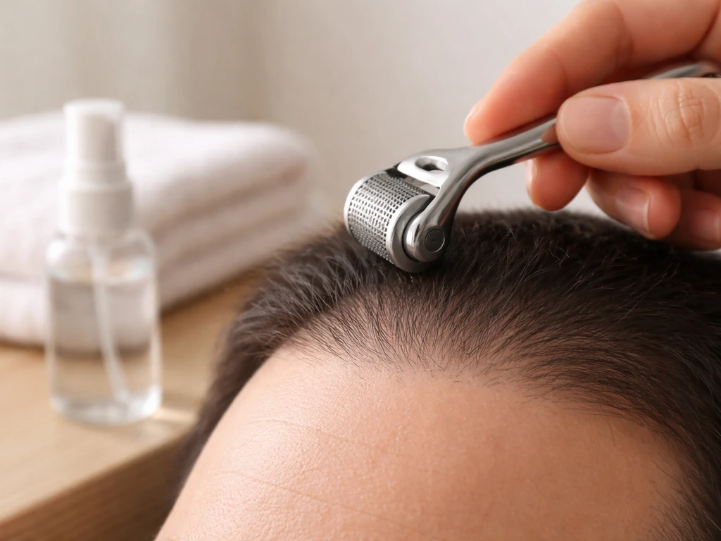 Close-up of a hand holding a dermaroller above the scalp with clean at-home setup cues