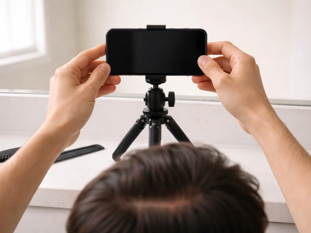 Anonymous person adjusting a phone on a tripod for a consistent hairline baseline close-up