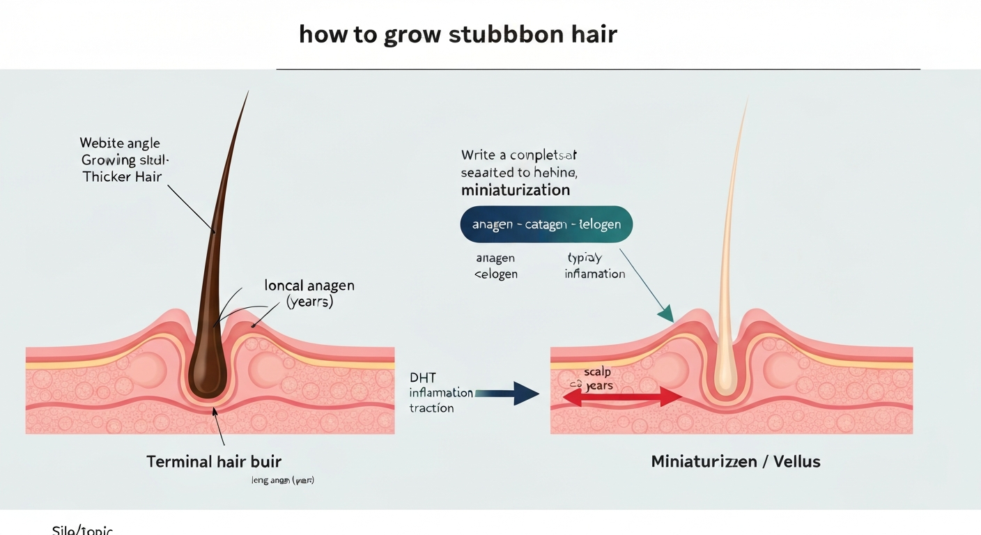 Medical infographic comparing terminal and miniaturized (vellus) scalp hair follicles, with arrows naming causes and a small hair growth cycle timeline.