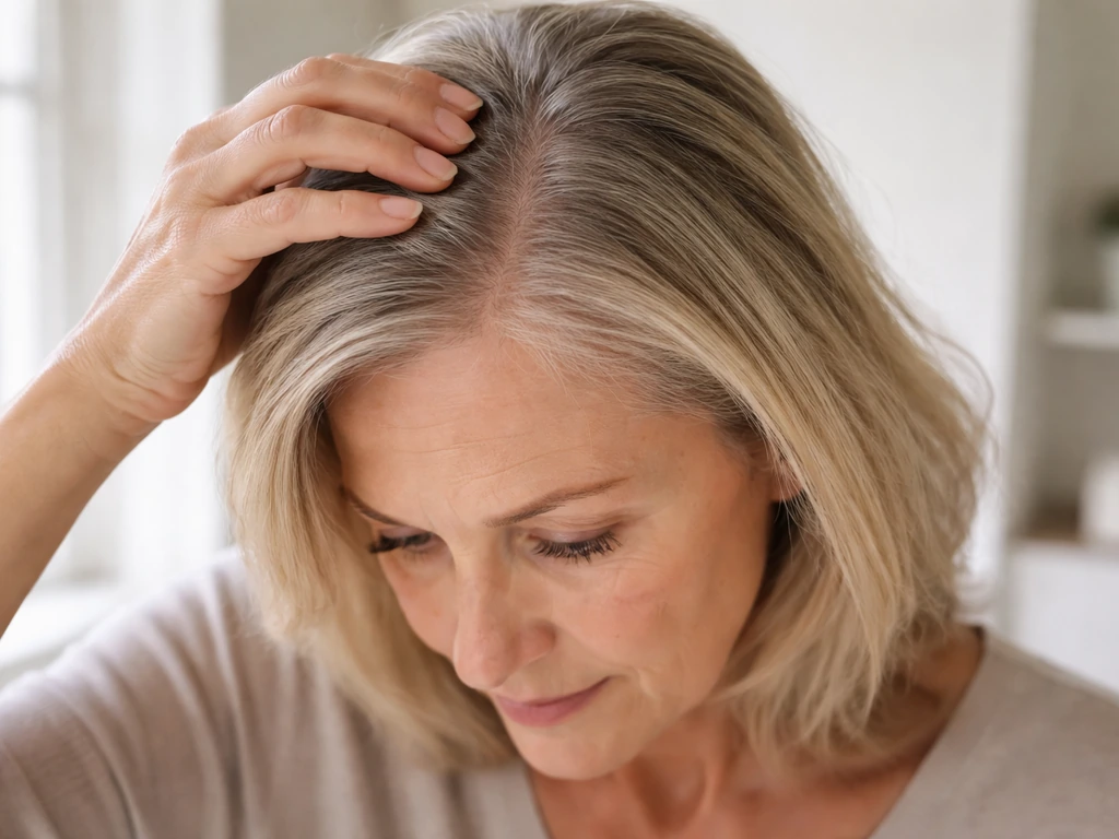 Anonymous post-menopausal woman gently parts her thinning crown hair in natural window light.