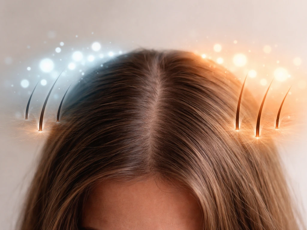 Close-up of thinning hair at the crown with soft blue-to-warm hormone light transition above the scalp.