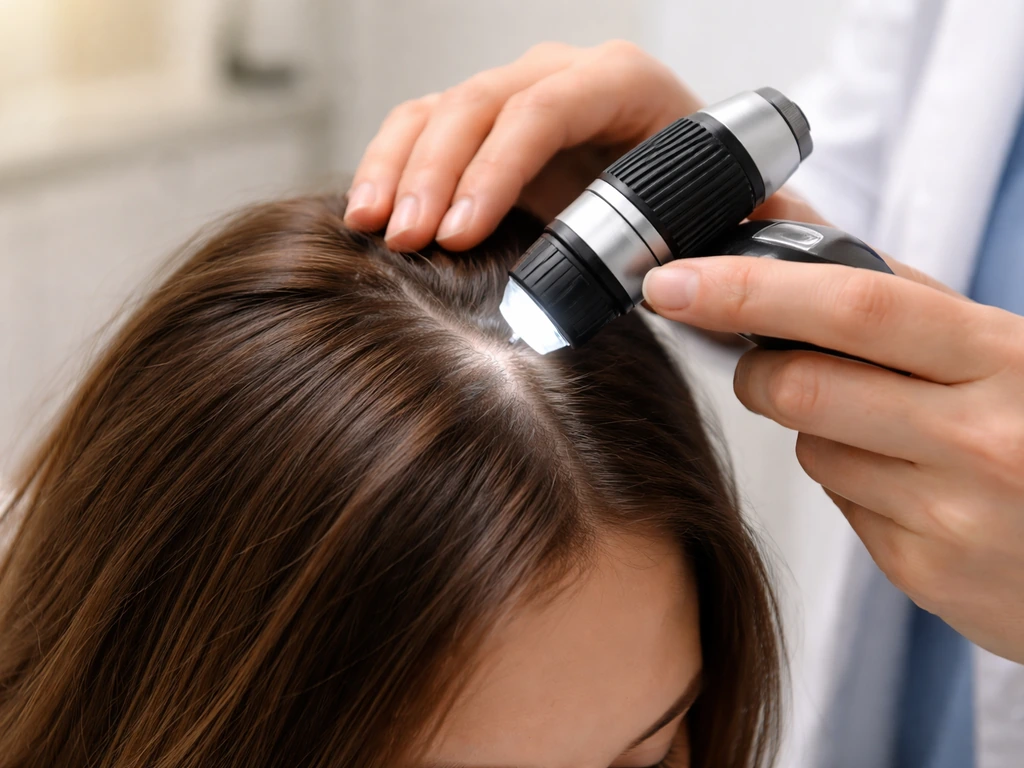 Clinician gently examines a woman’s scalp with a dermatoscope in a quiet dermatology clinic room