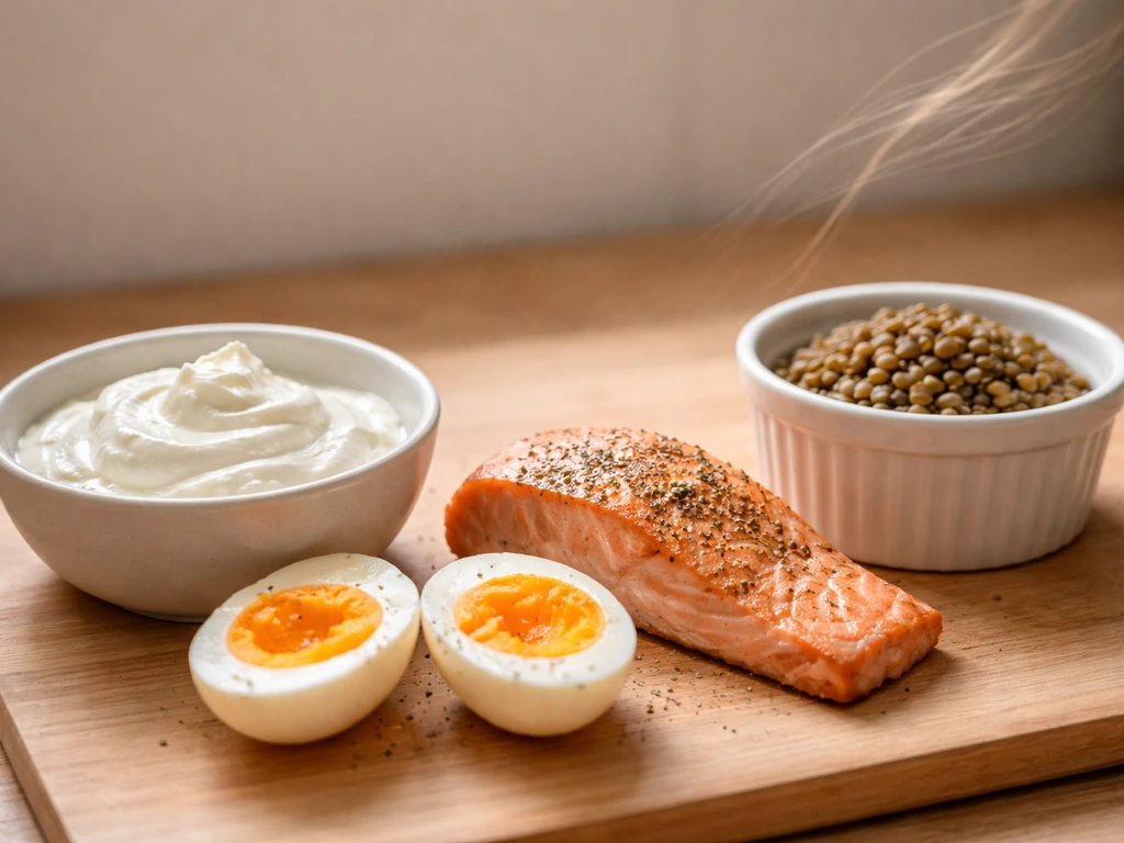 Greek yogurt, eggs, salmon, and lentils on a wooden counter with a subtle hair-strand overlay.