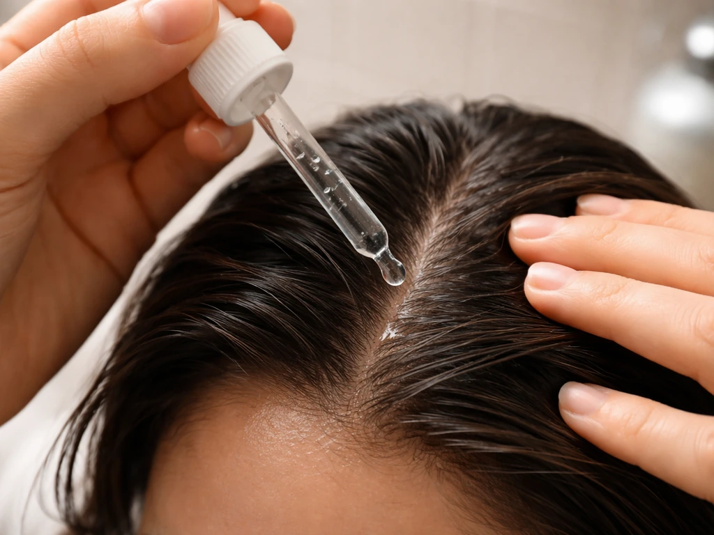 Hands applying a salicylic-acid scalp treatment with an applicator to parted hair