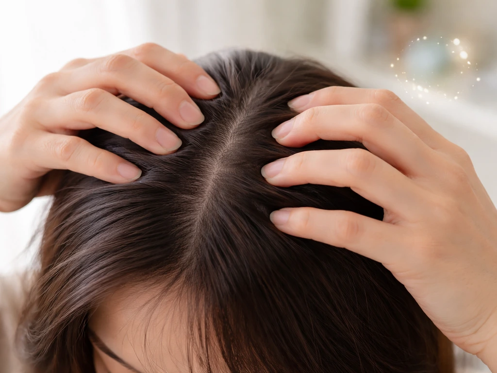 Close-up of fingertips gently massaging a person’s scalp in a controlled motion