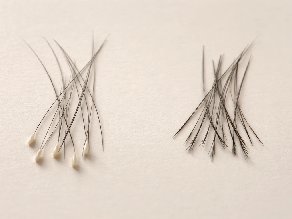 Close-up of hair strands: shed hairs with intact bulbs beside snapped broken ends on a neutral surface.