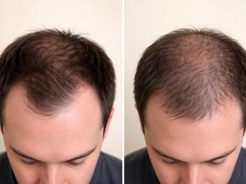 Two close-up views of a scalp: one shows an M-shaped temple recession and crown thinning; the other shows diffuse thinni