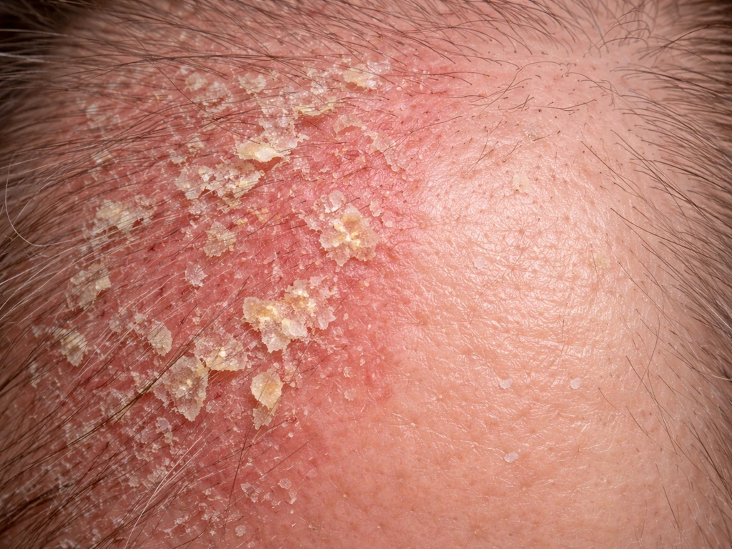Close-up scalp showing flaky, greasy patches of seborrheic dermatitis beside a calmer, less inflamed area.