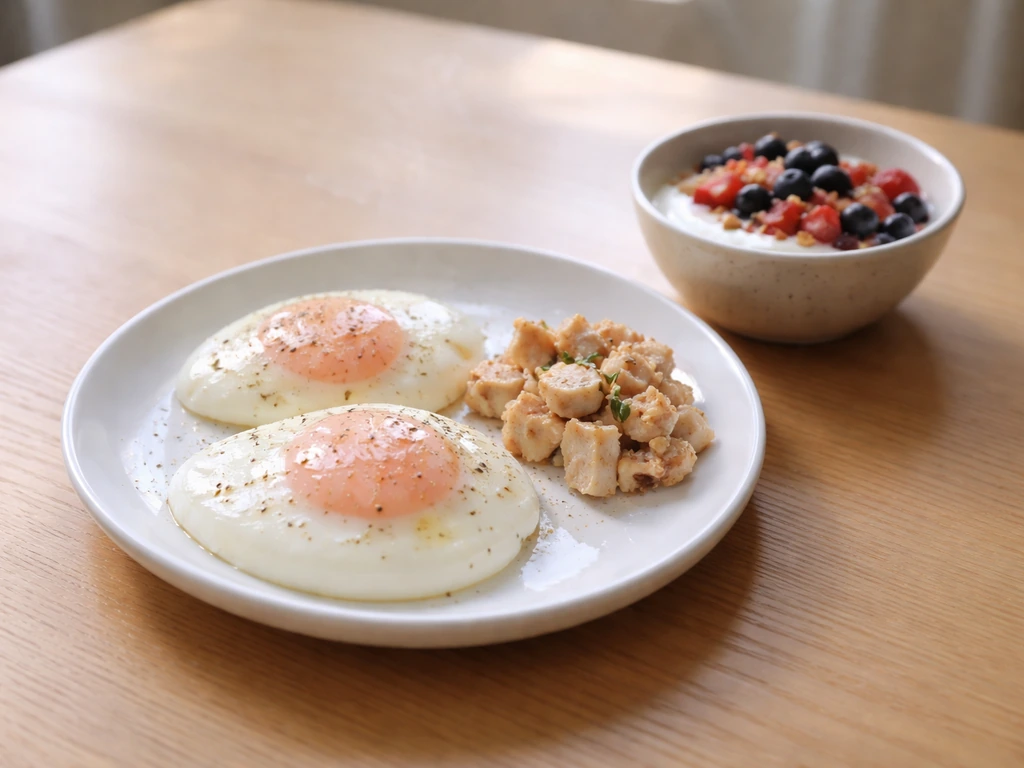 Protein-forward breakfast/lunch plate with eggs, Greek yogurt, berries, and nuts on a simple table.